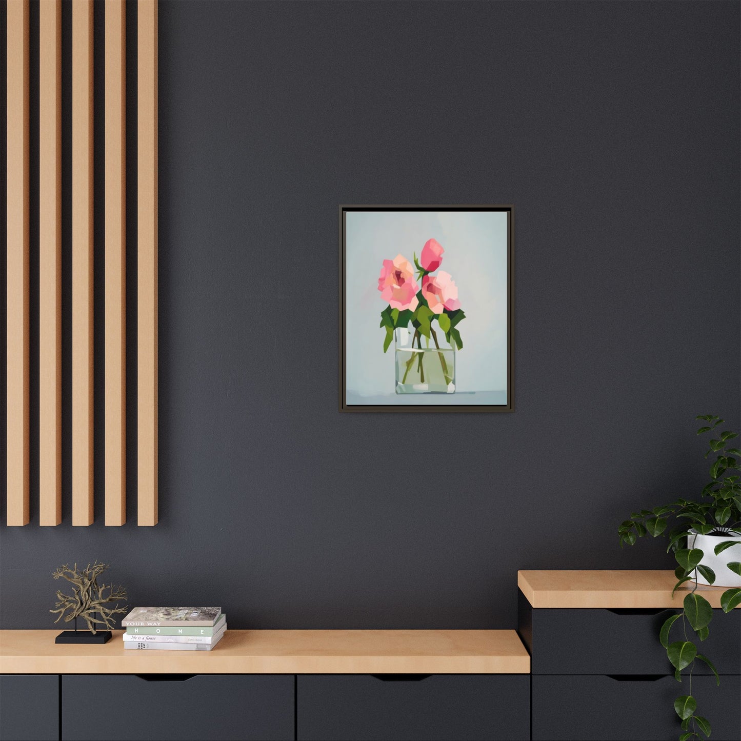 Framed Floral Canvas Print — Pink Roses in Glass Vase (Matte)