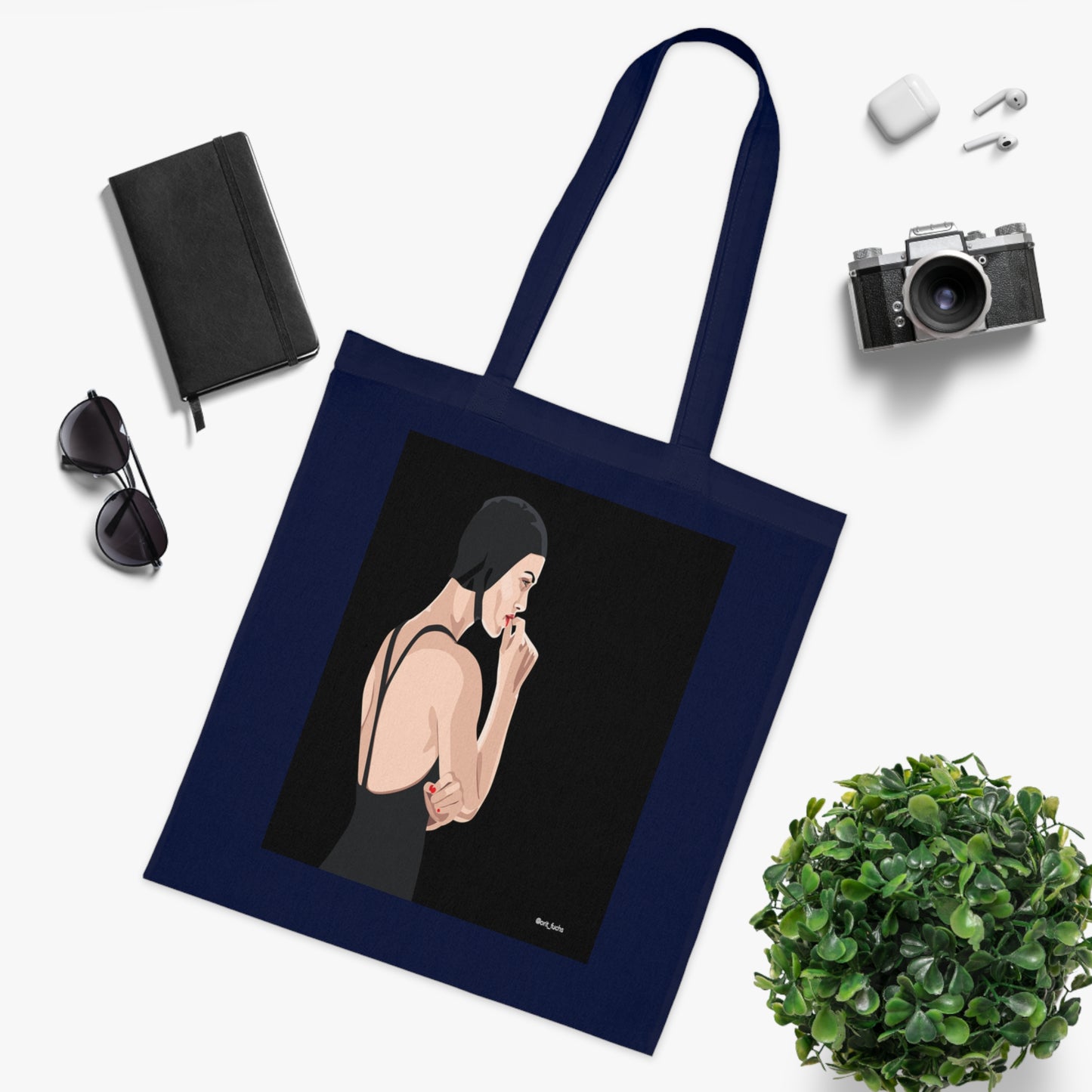 Minimalist Femme Portrait Cotton Tote — Chic Black-Back Illustration Tote Bag