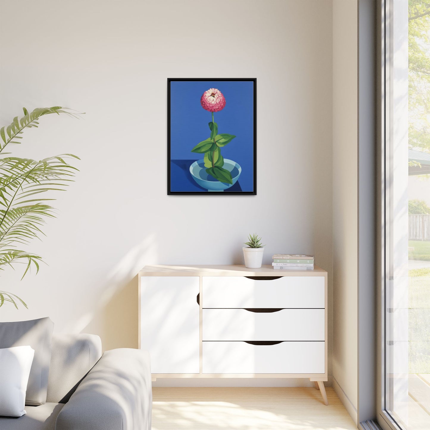 Framed Matte Canvas Art — Pink Zinnia in Blue Bowl (Botanical Still Life)