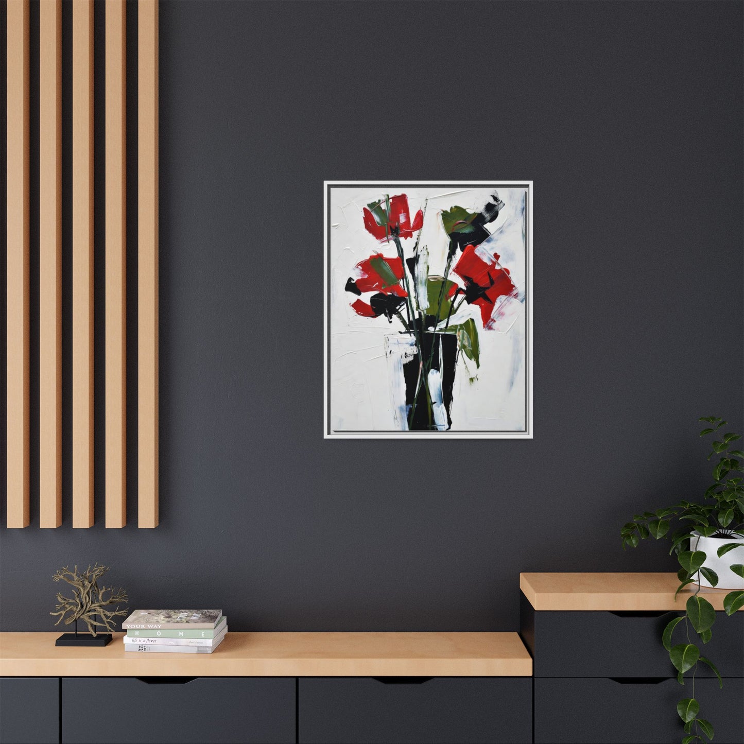 Framed Abstract Floral Canvas Print — Red Poppies in Black Vase