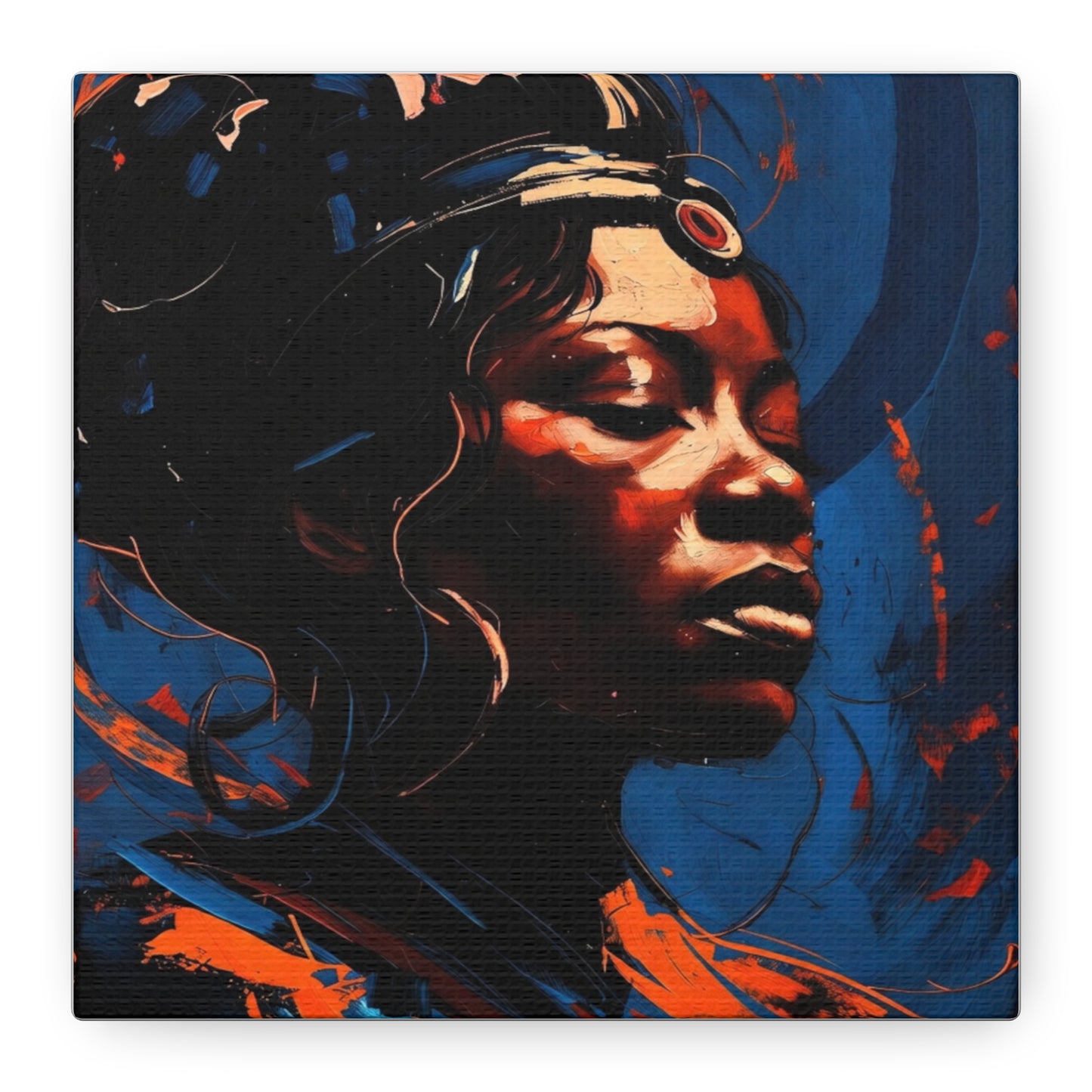 Regal Afrocentric Portrait Matte Canvas Art – Vibrant Blue & Orange Stretched Wall Decor