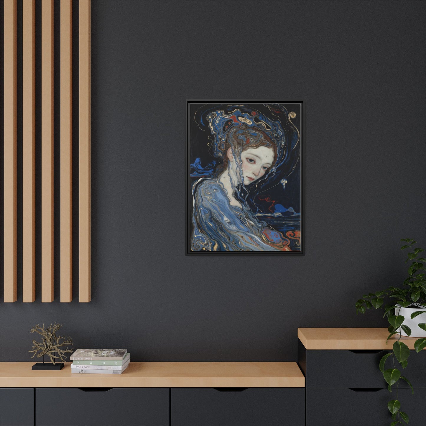 Framed Matte Canvas Art Print — Surreal Blue Maiden Portrait