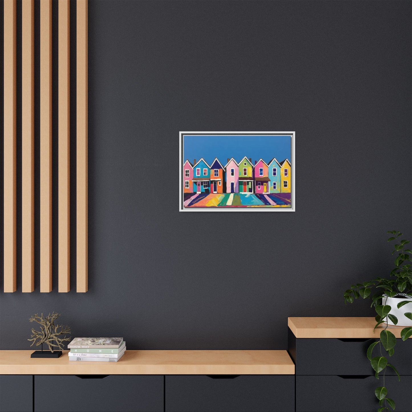 Colorful Beach Houses Matte Canvas Framed Wall Art