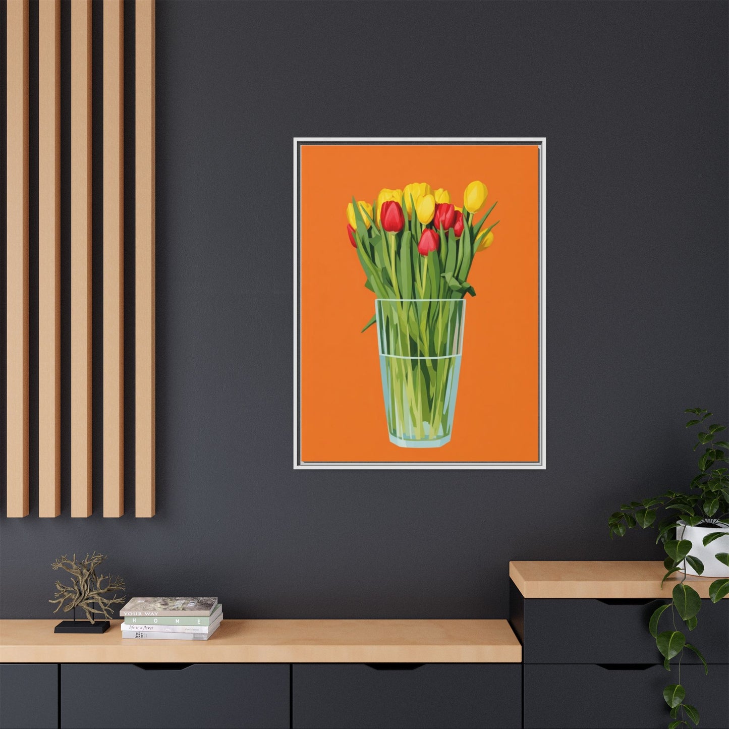 Framed Tulip Canvas Print — Colorful Tulips in Glass Vase