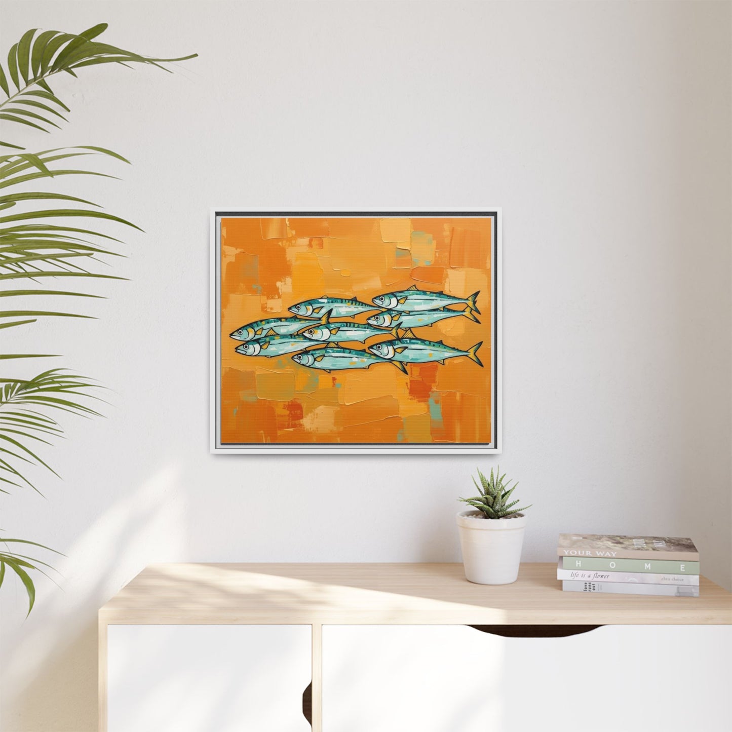 Framed Matte Canvas Print — School of Blue Fish on Orange Abstract Background