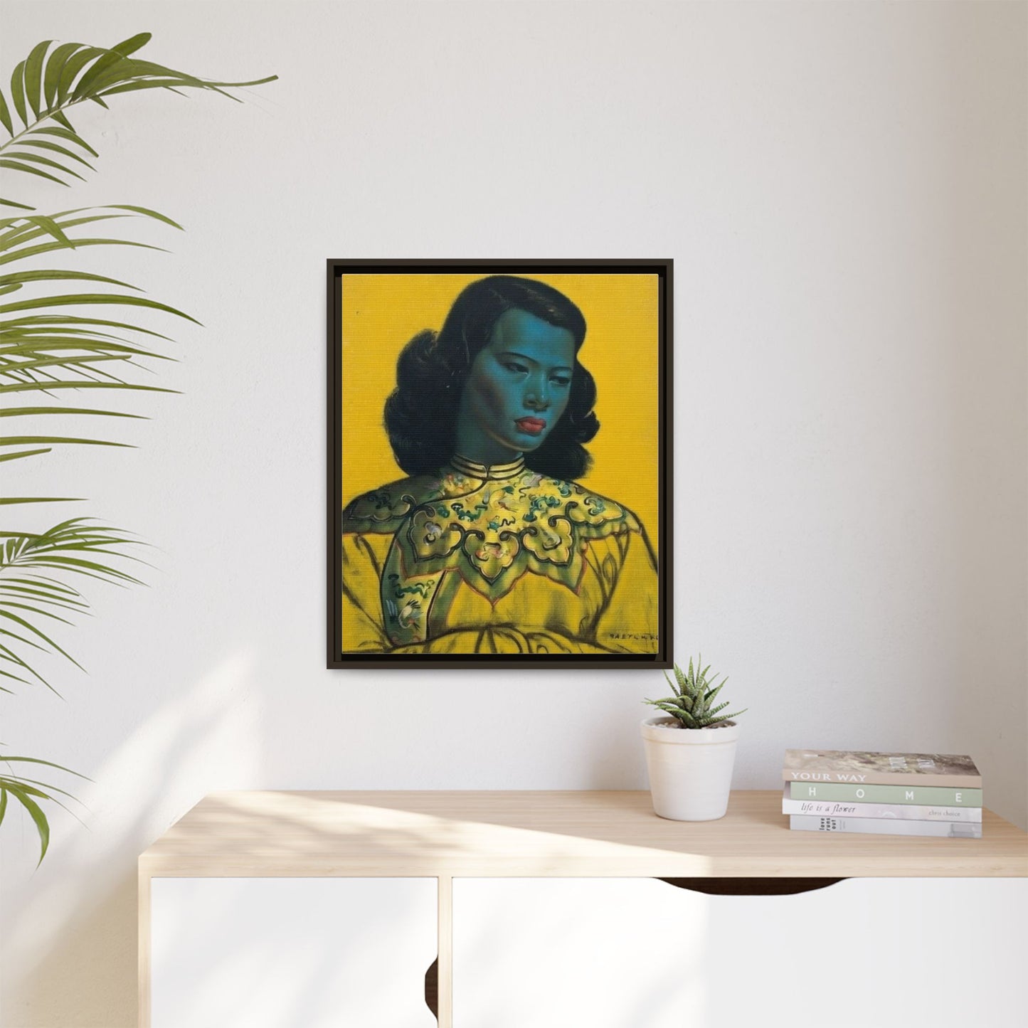 Framed Matte Canvas Art Print — Vintage Portrait with Yellow Background