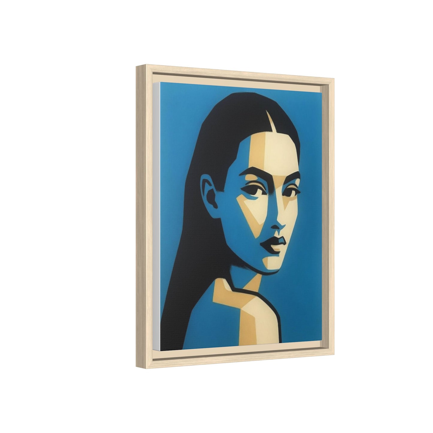 Framed Pop Art Portrait Canvas — Blue Geometric Woman Print