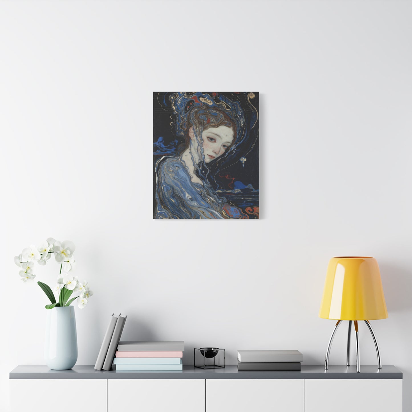Ethereal Siren Matte Canvas Wall Art — Surreal Blue Portrait, Stretched 1.25"