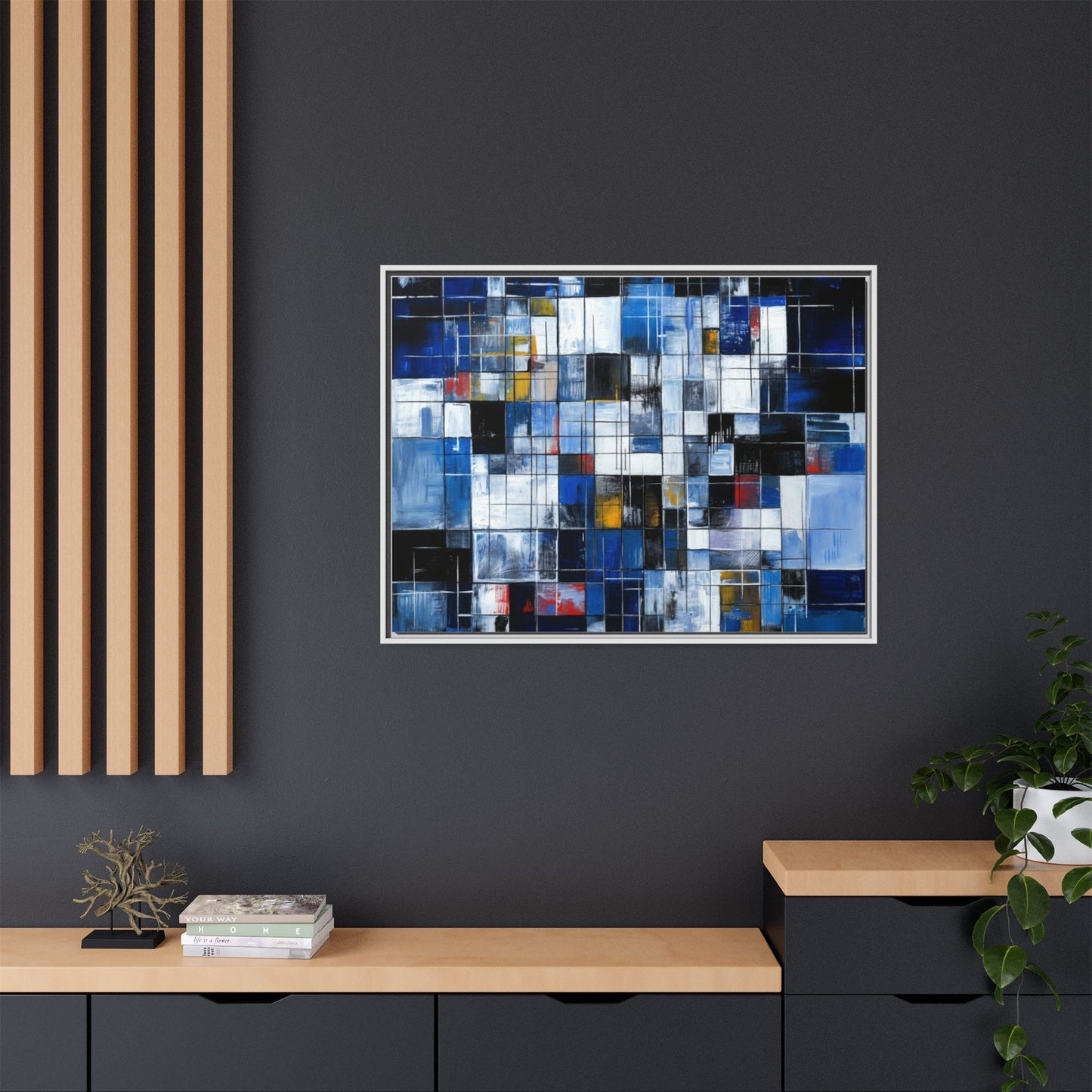 Abstract Blue Grid Matte Canvas Framed Art Print