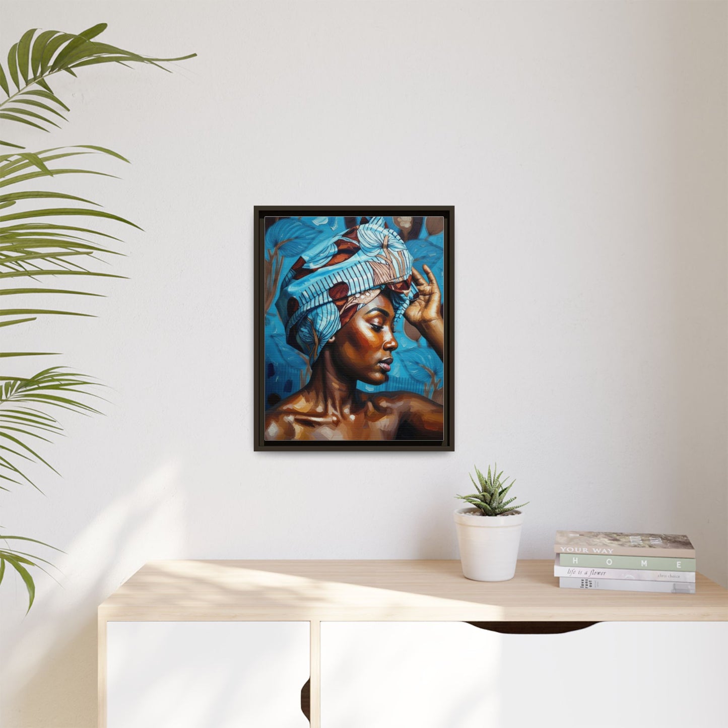 Framed Canvas Art — Portrait of Woman in Blue Headwrap