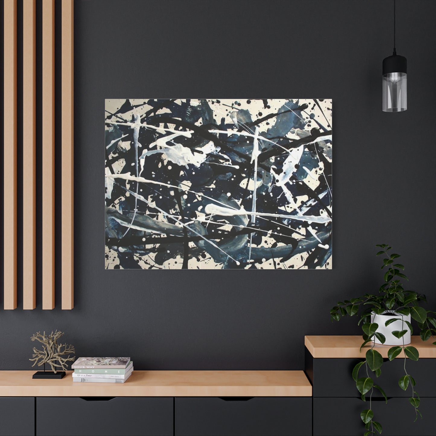 Abstract Drip Painting Canvas Print — Blue & Black Modern Wall Art (Matte Stretched)