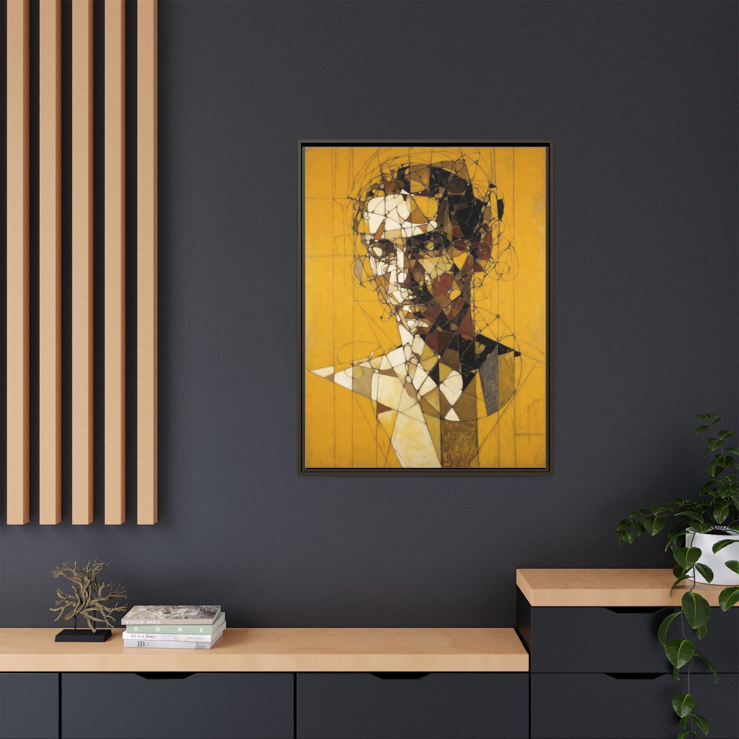 Framed Matte Canvas Art - Abstract Geometric Portrait on Mustard Yellow