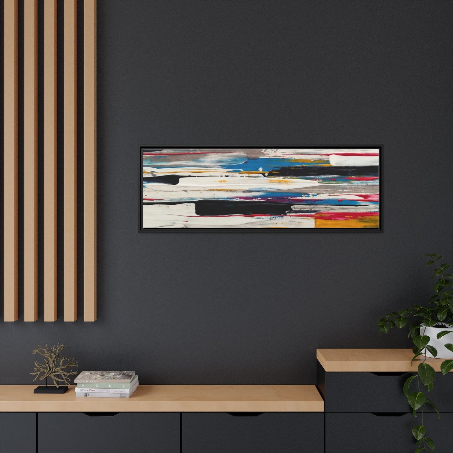 Abstract Multi-Color Framed Canvas Wall Art — Modern Horizontal Brushstroke Print