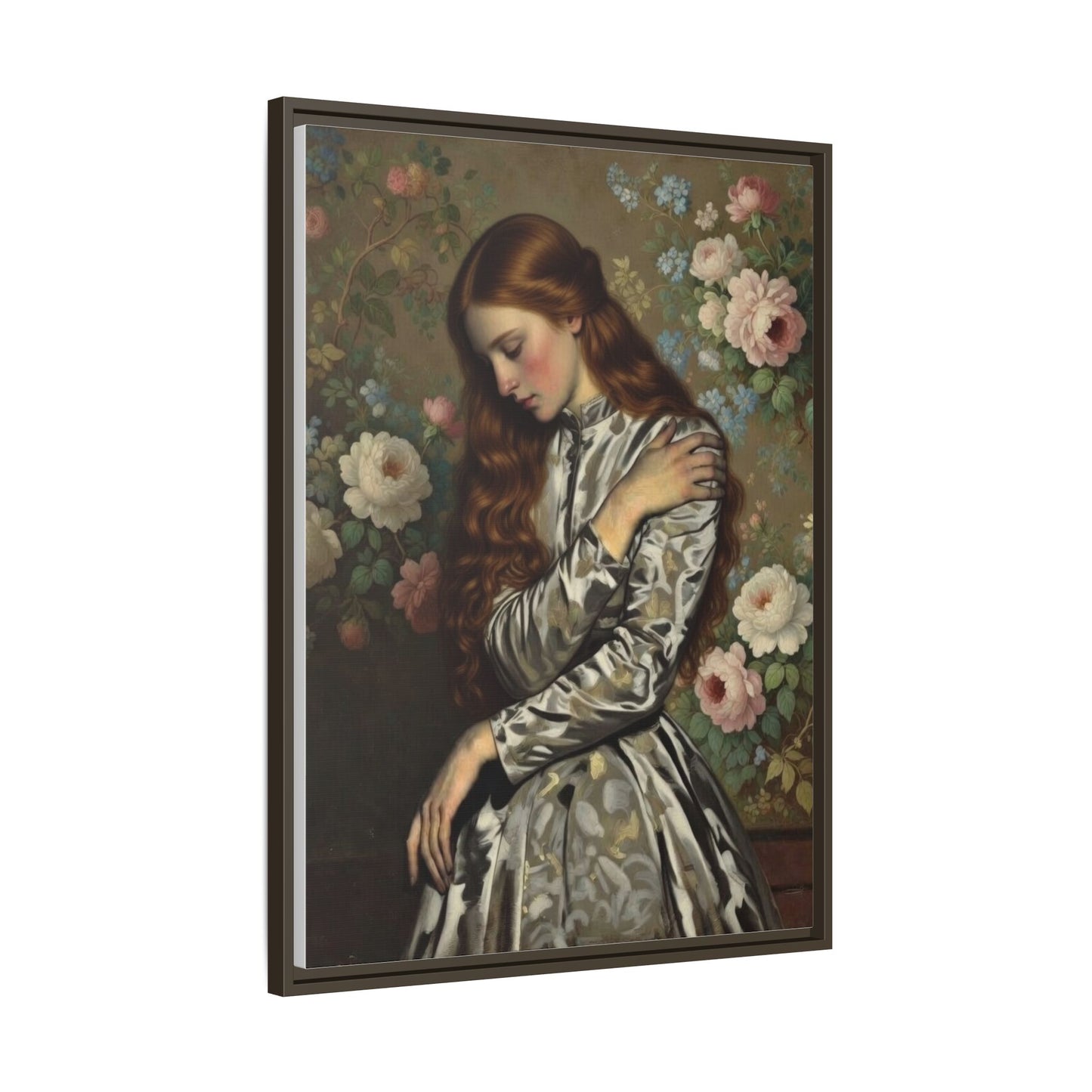 Framed Matte Canvas Art — Vintage Floral Portrait of a Young Woman