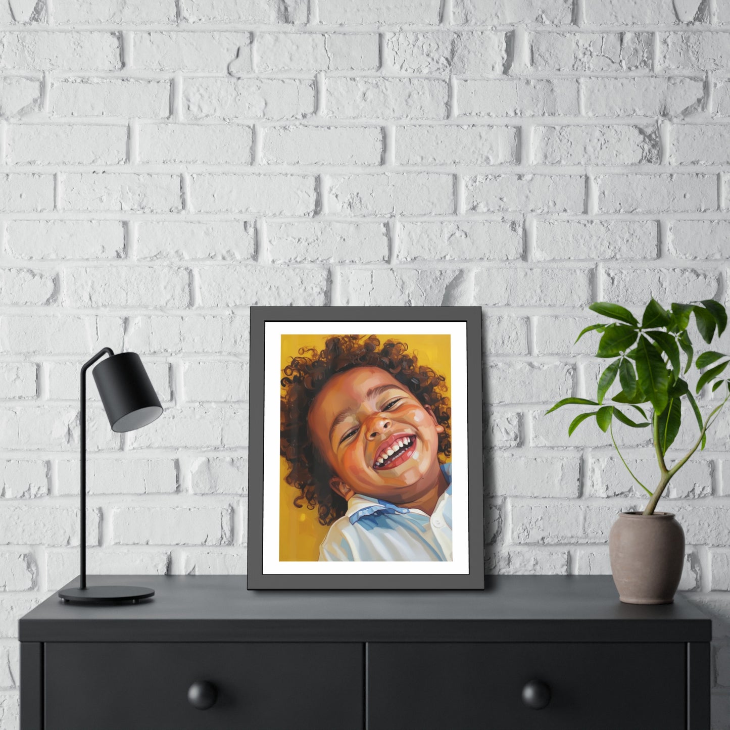 Framed Poster — Joyful Laughing Child Portrait, Colorful Nursery Wall Art
