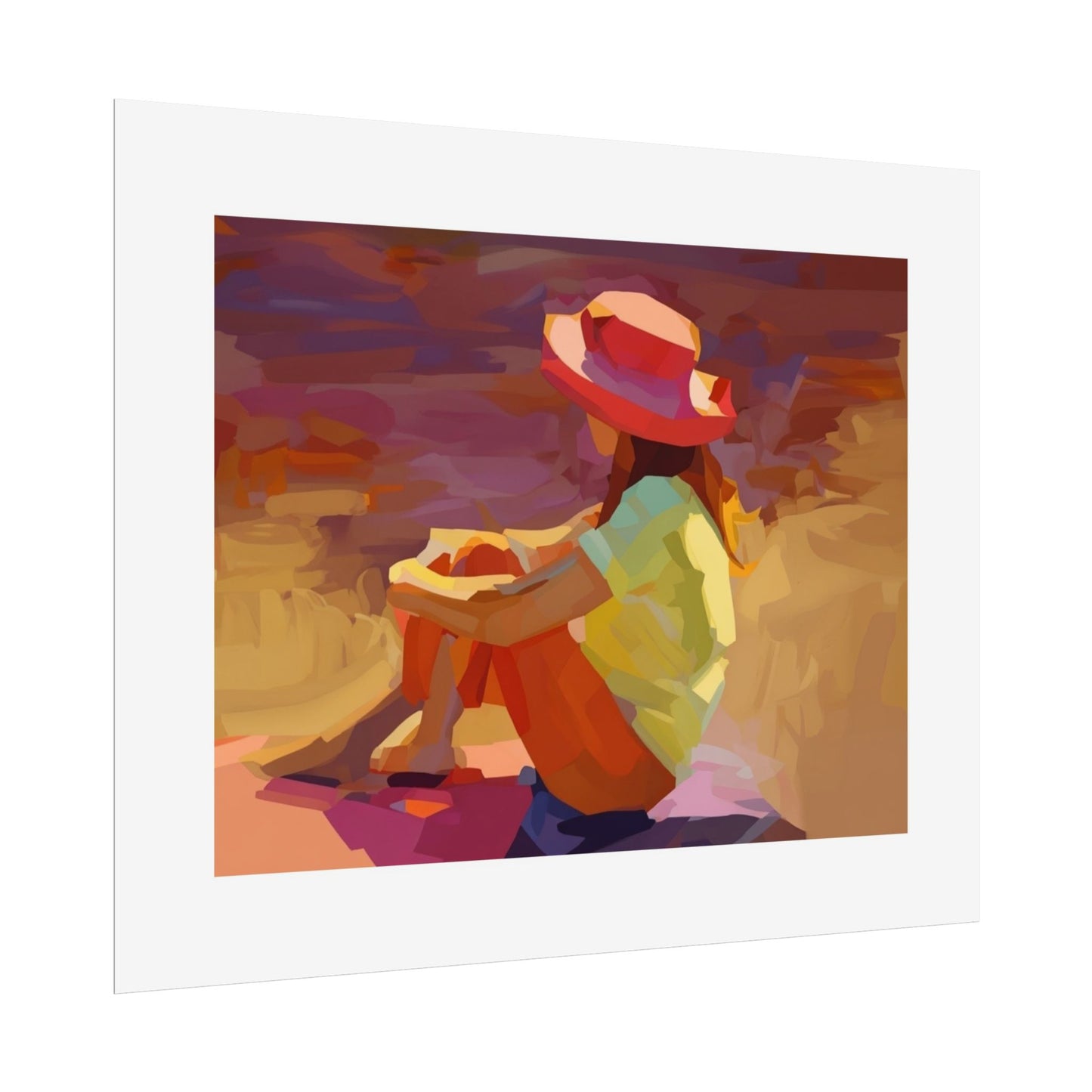 Sunset Daydream Rolled Poster — Colorful Girl in Hat Beach Art Print