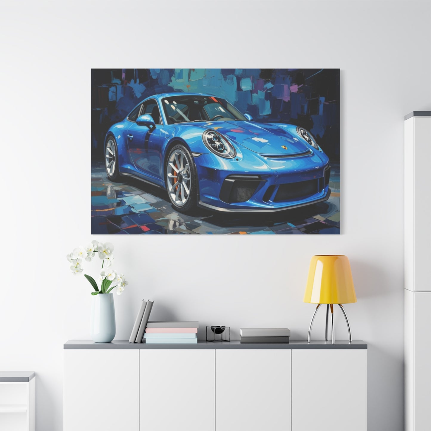 Blue Sports Car Canvas Wall Art — Modern Automotive Painting on Stretched Matte Canvas