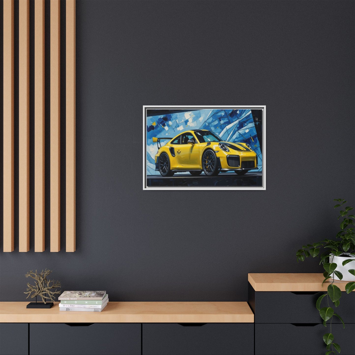 Yellow Porsche Sports Car Matte Framed Canvas – Modern Automotive Wall Art