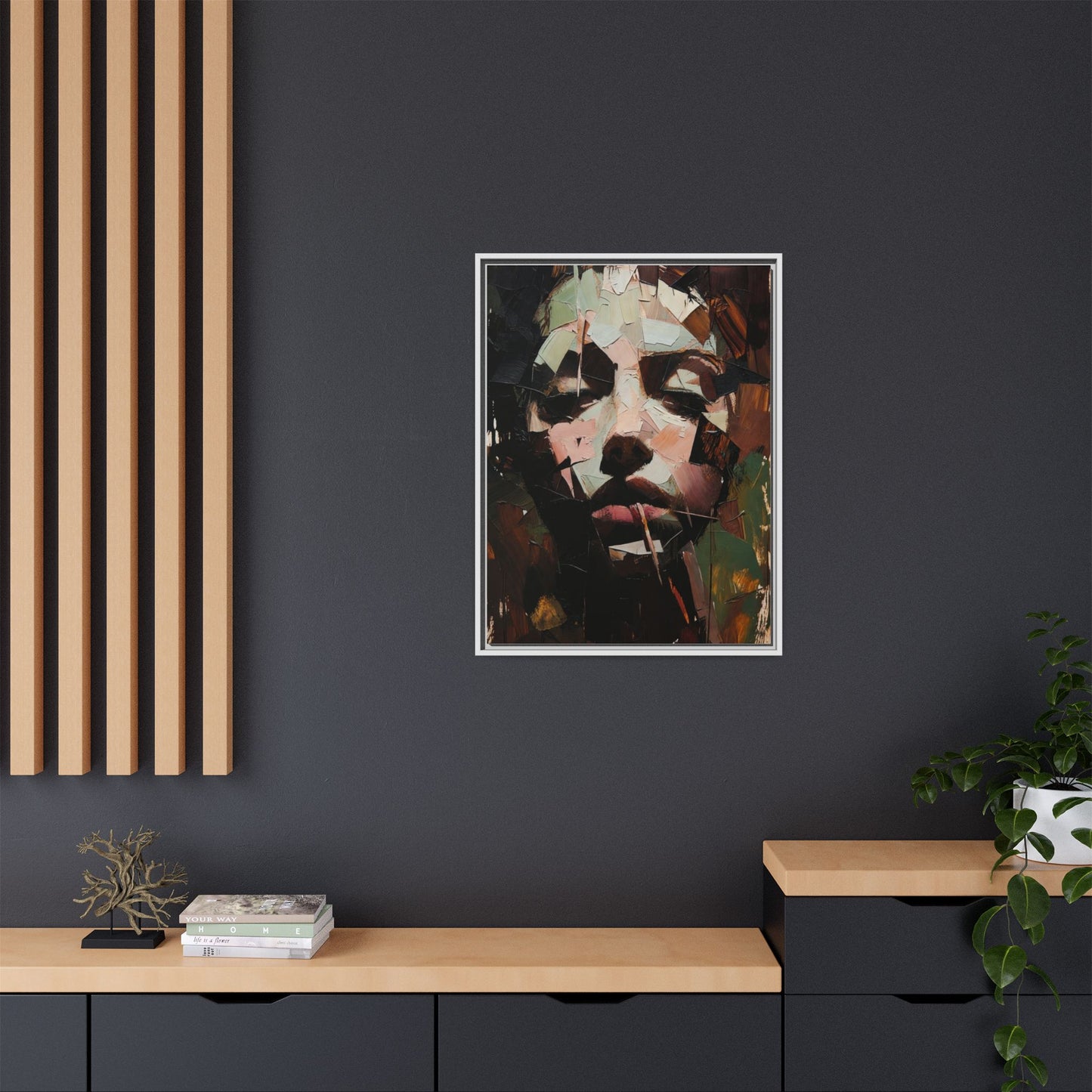 Matte Framed Canvas Art — Abstract Female Portrait, Moody Multicolor