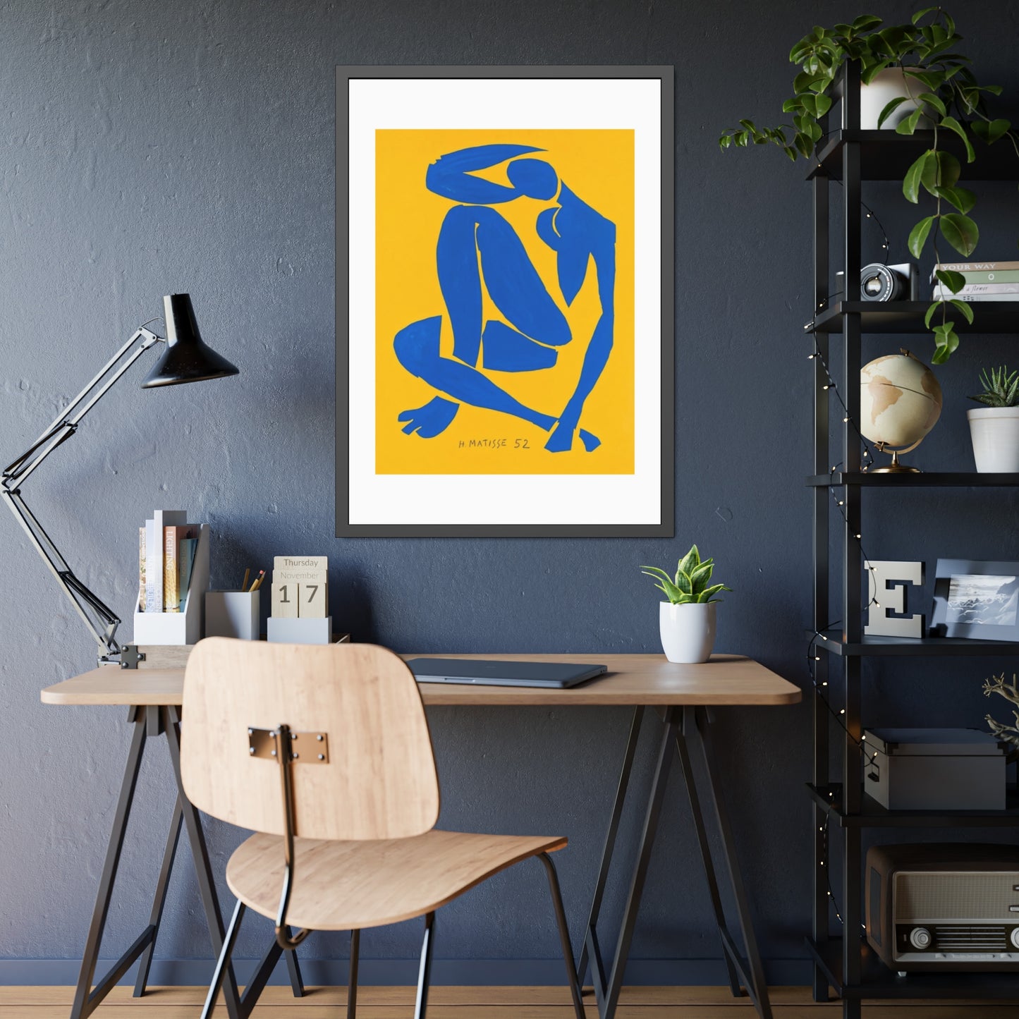 Framed Art Print - Blue Cutout Figure on Yellow (Matisse Style)