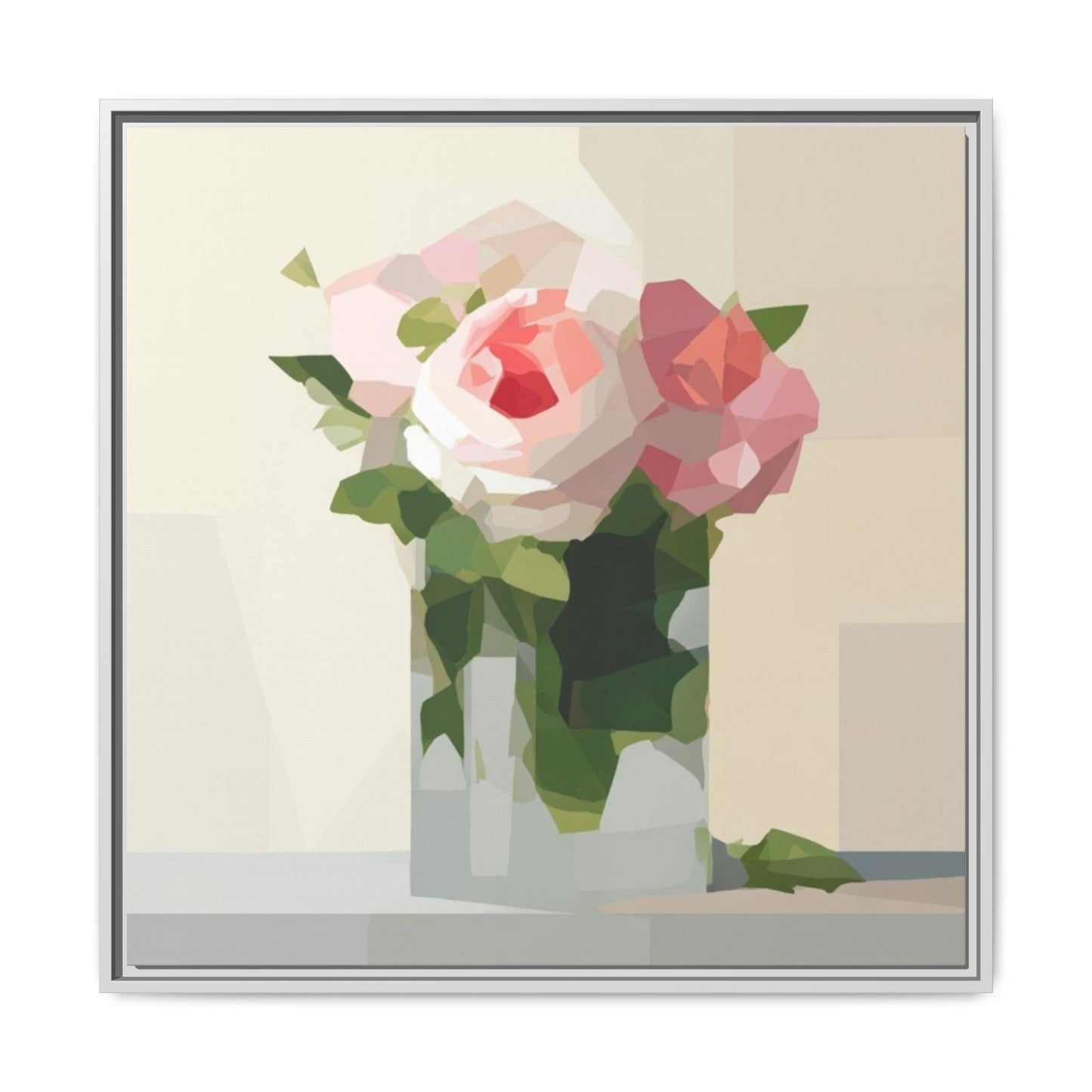 Framed Floral Canvas Print — Geometric Pink Rose Wall Art