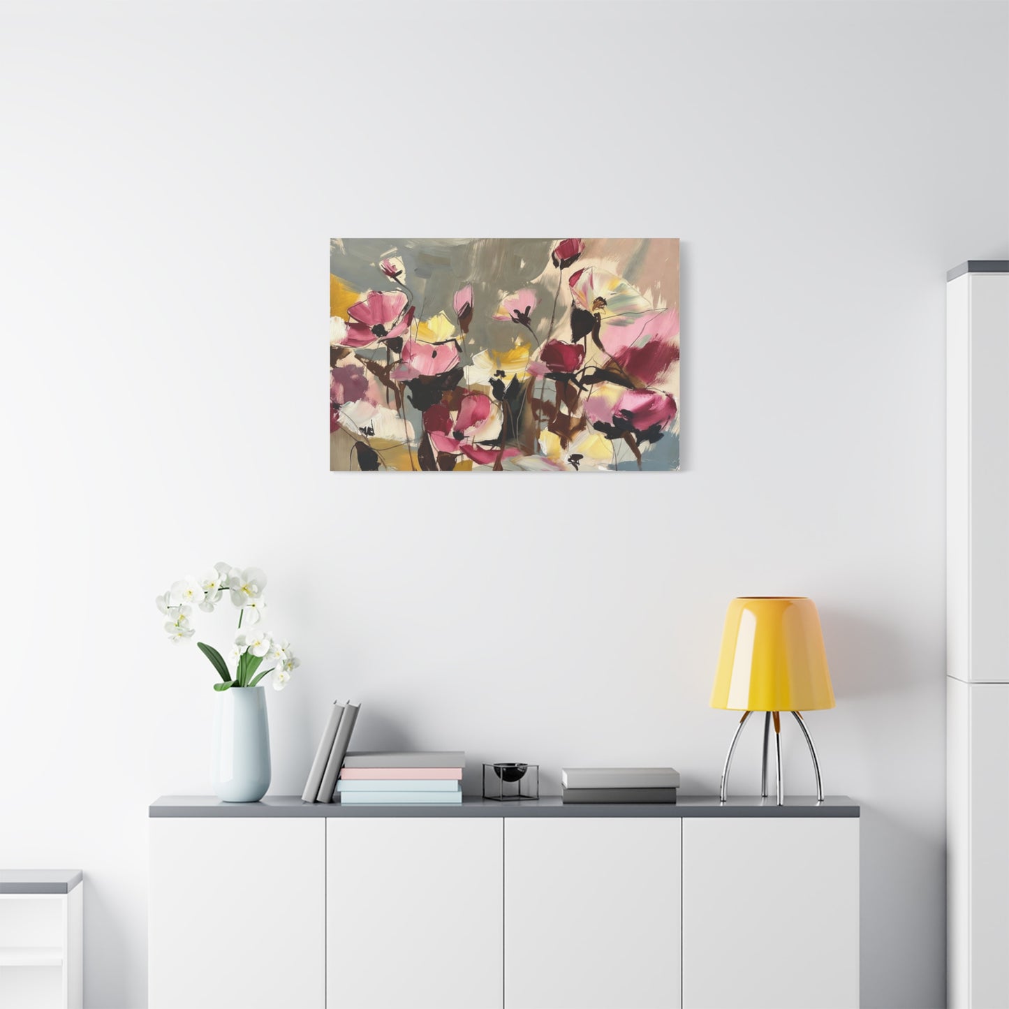 Floral Abstract Canvas Wall Art — Pink & Yellow Bloom Stretched Matte Print