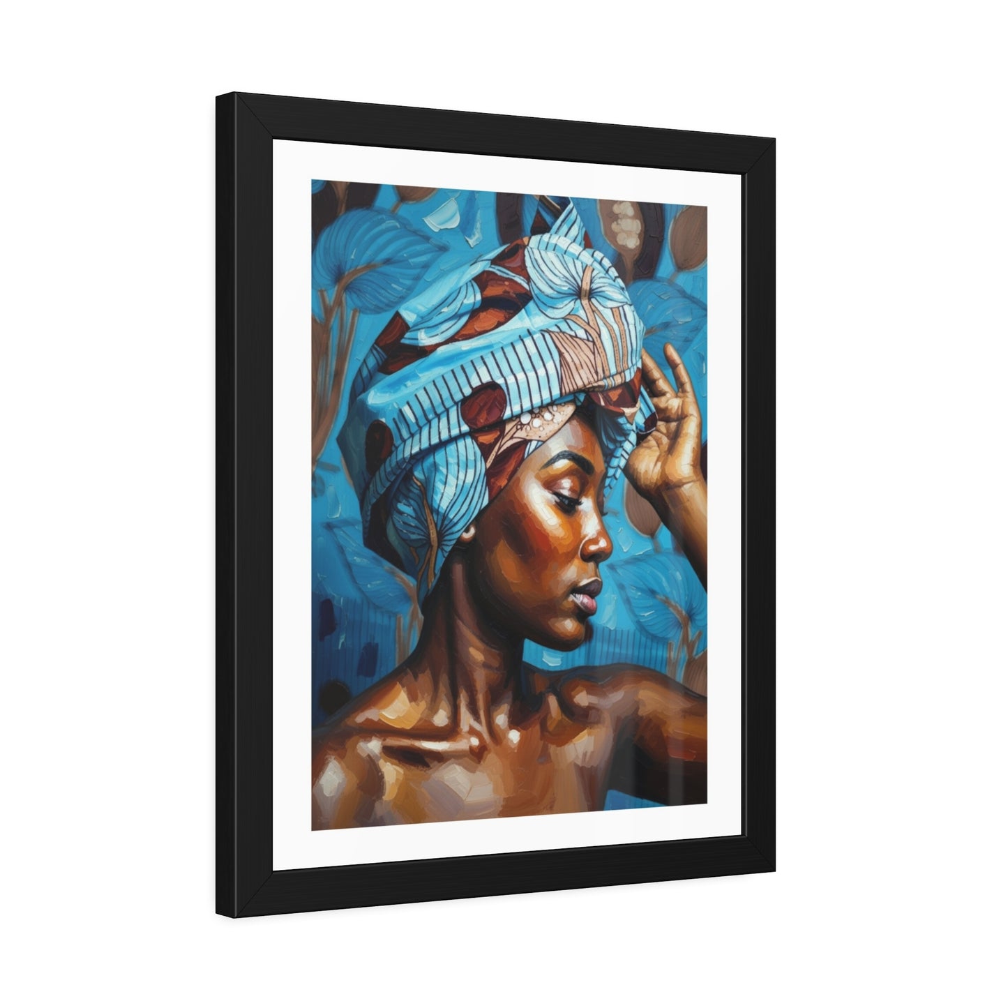 Framed Art Print — Portrait of Woman with Blue Headwrap (Gallery Wall Decor)