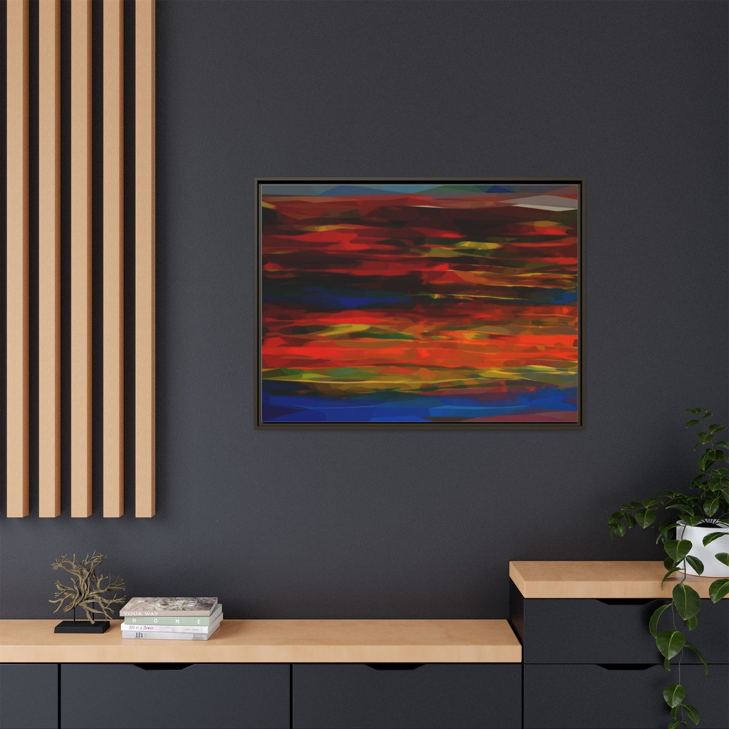 Abstract Multi-Color Matte Canvas Framed Wall Art — Bold Red & Blue Modern Painting