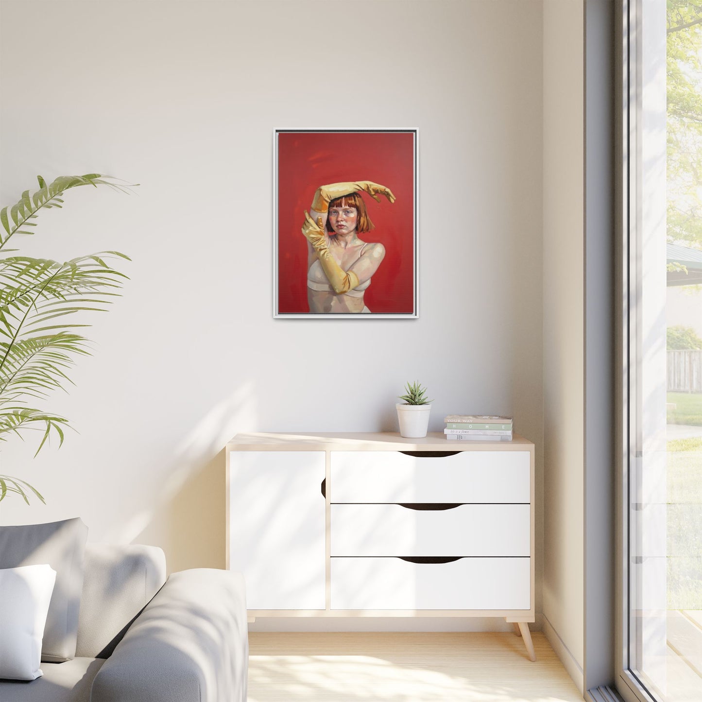 Framed Matte Canvas Art - Portrait of Woman in Yellow Gloves (Red Background)