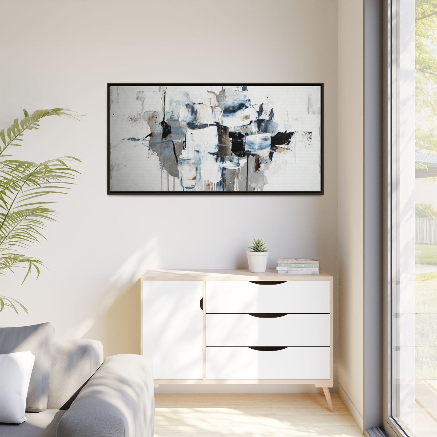 Framed Abstract Canvas Art — Blue Neutral Modern Wall Print
