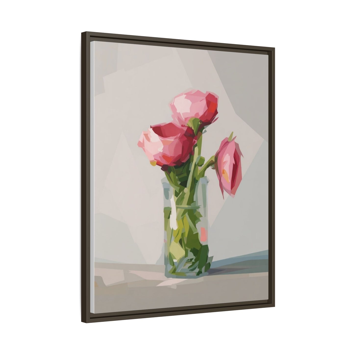 Framed Canvas Art — Pink Roses in Vase, Modern Floral Wall Print