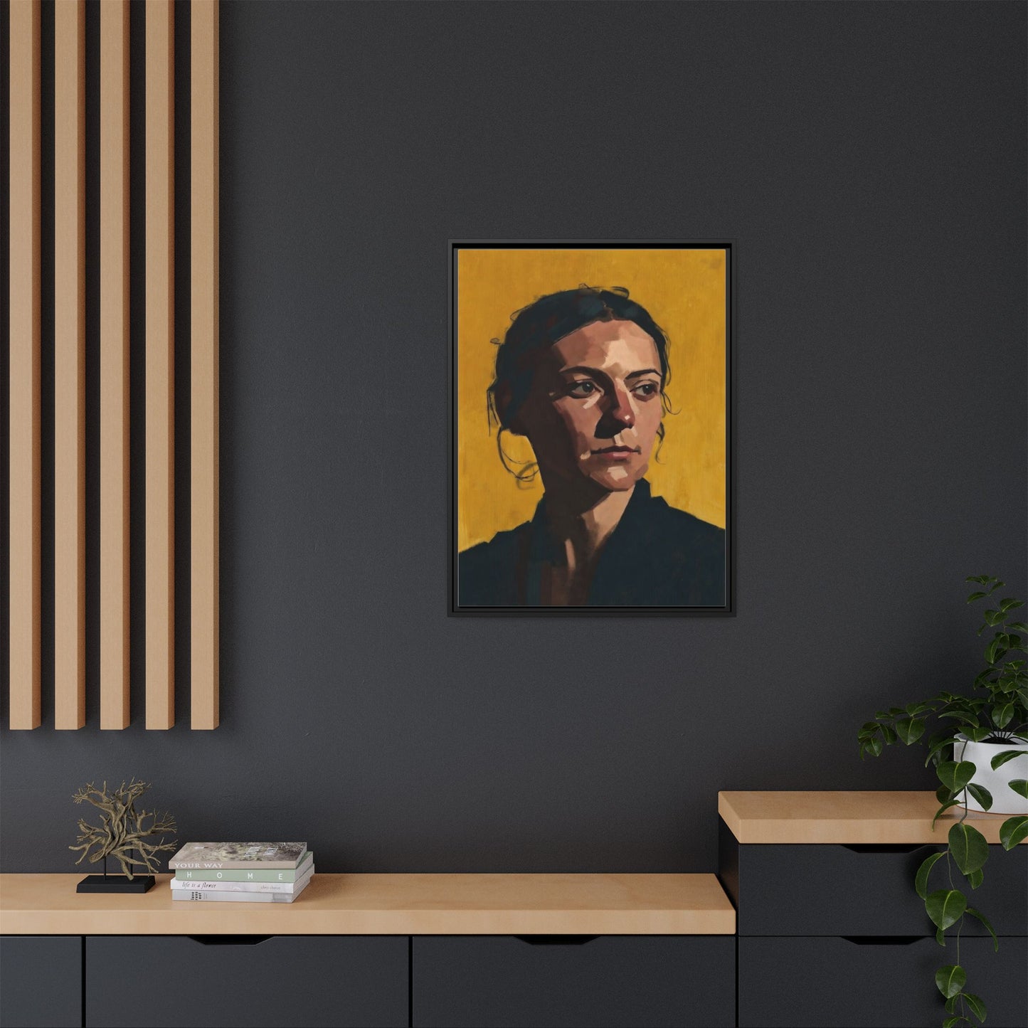 Framed Matte Canvas Portrait Art — Moody Woman on Mustard Background
