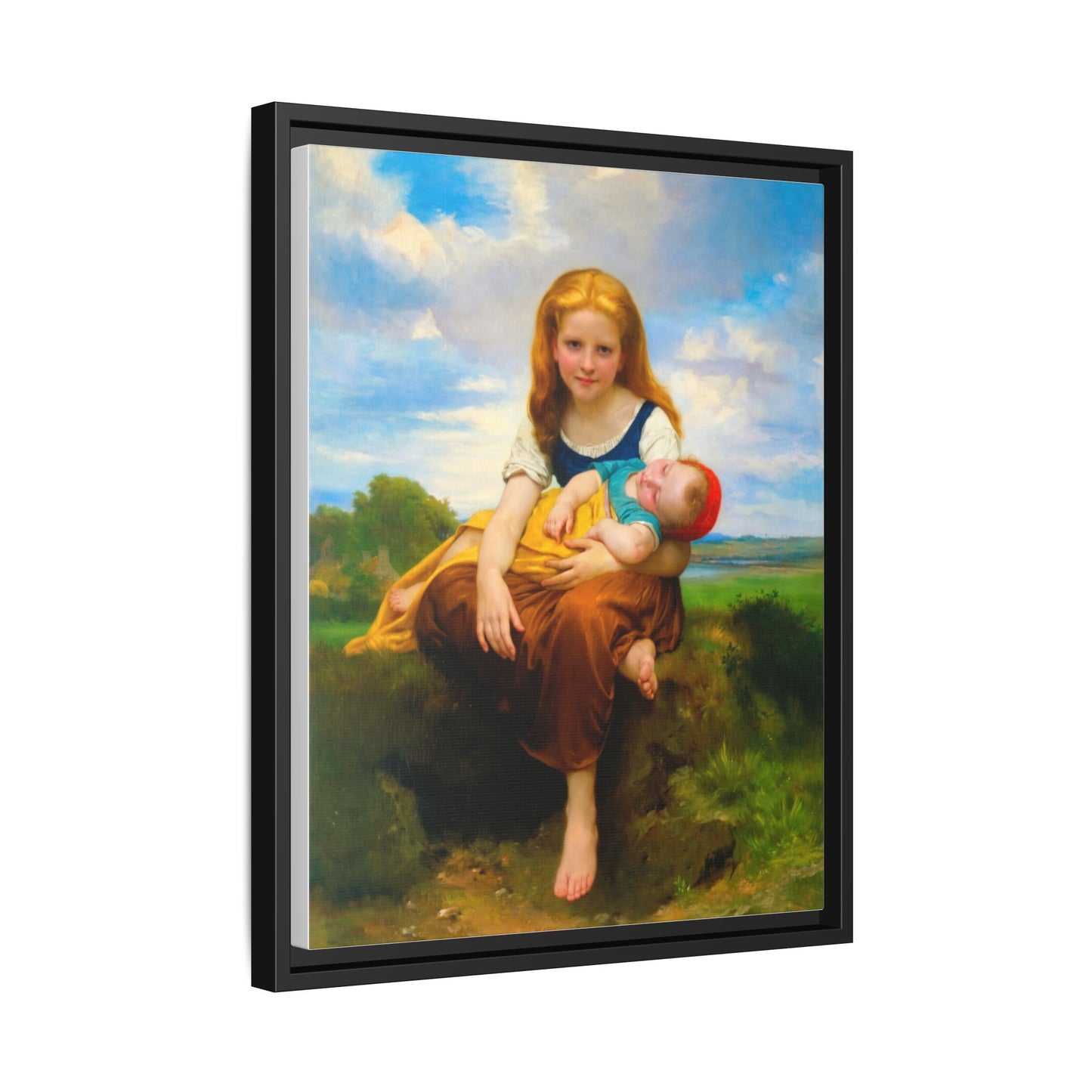 Young Girl Holding Sleeping Baby Canvas Print, Framed Wall Art