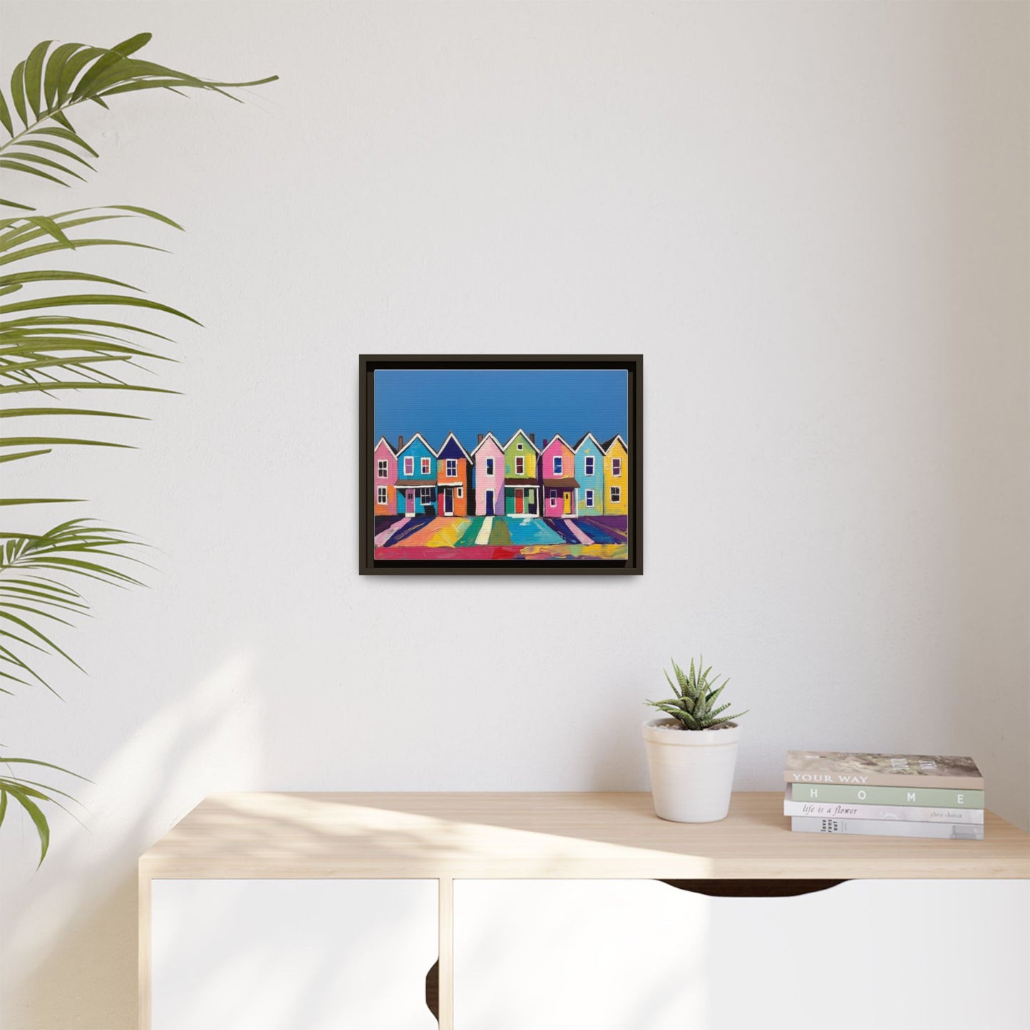 Colorful Beach Houses Matte Canvas Framed Wall Art