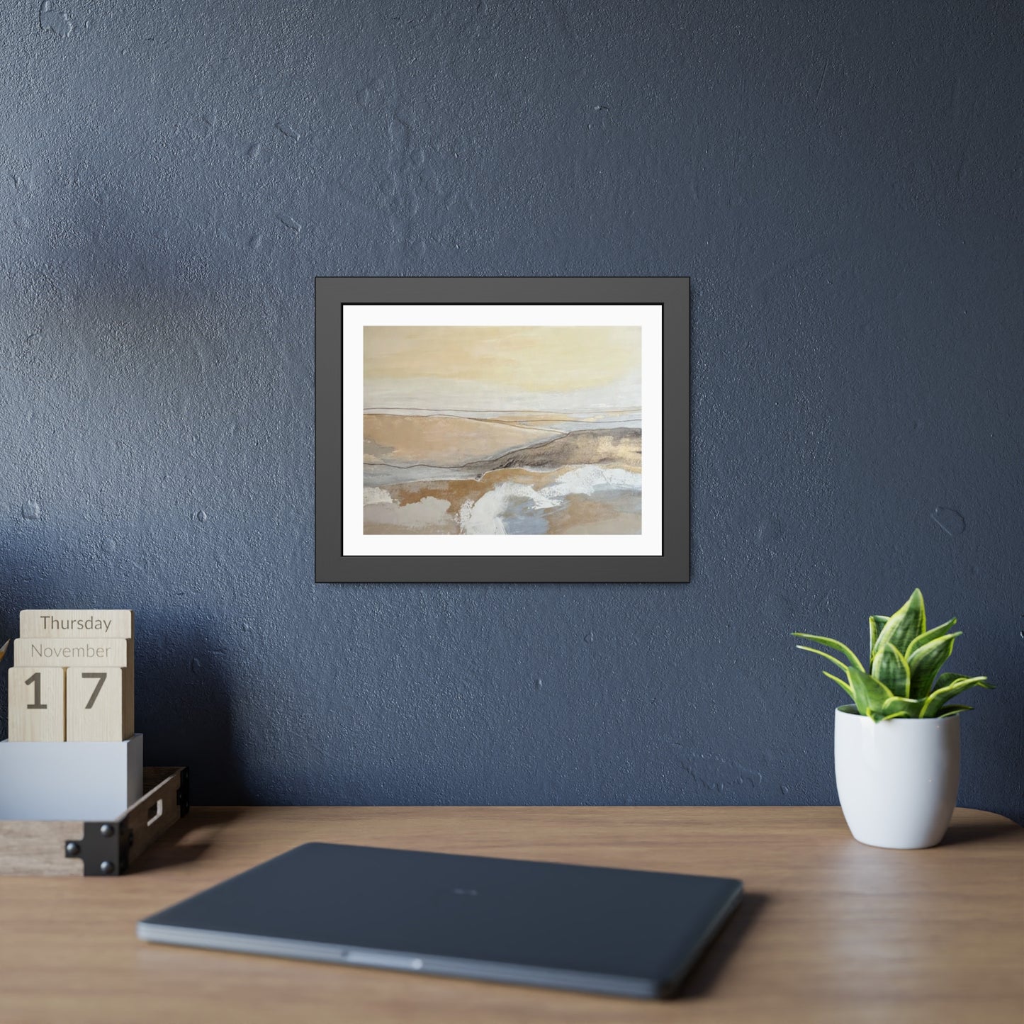 Abstract Coastal Landscape Framed Paper Poster — Neutral Beige Blue Wall Art