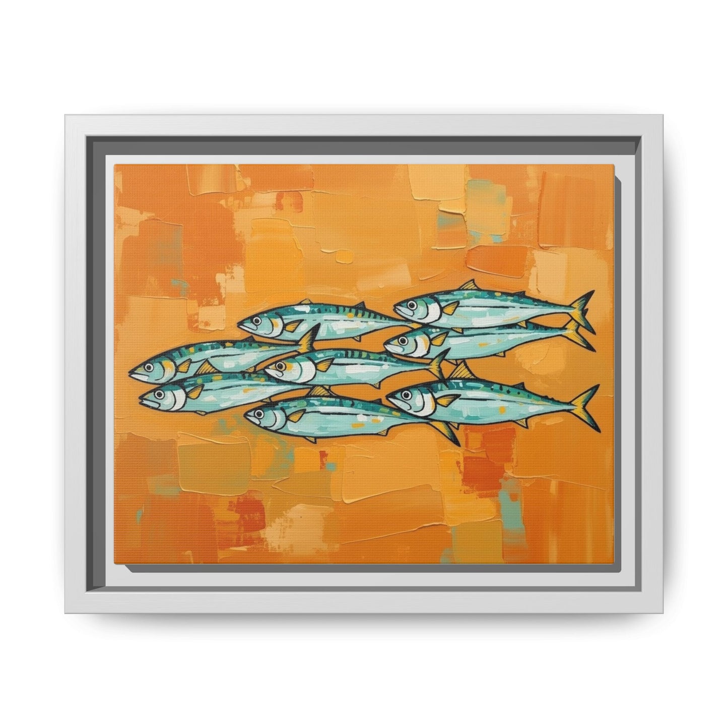 Framed Matte Canvas Print — School of Blue Fish on Orange Abstract Background