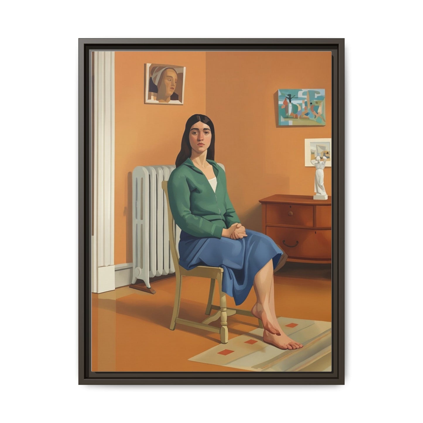 Framed Matte Canvas Print — Woman Seated in Warm Interior (Midcentury Portrait)