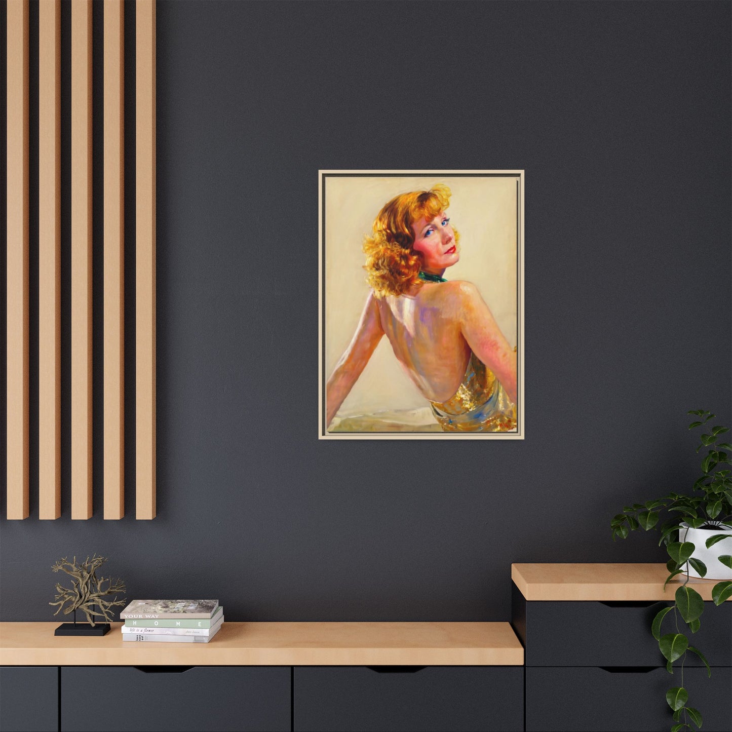 Framed Matte Canvas Print — Vintage Portrait of Redhead Greta Garbo in Gold Dress