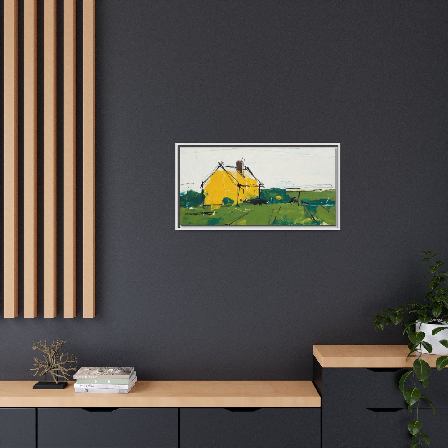 Yellow Cottage Landscape Framed Canvas Print