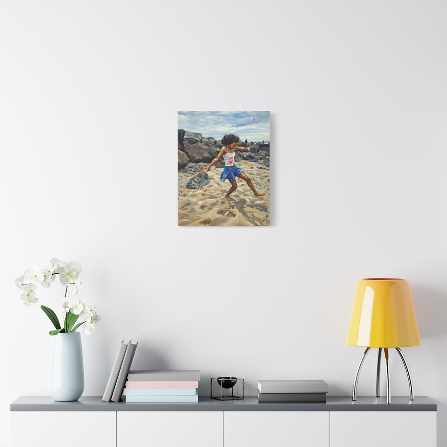Beach Joy Canvas Print — Child Playing on Sand Stretched Matte Wall Art