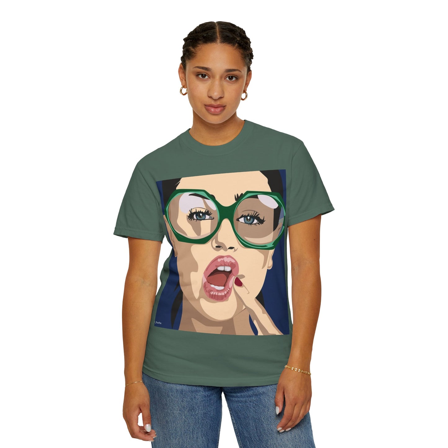 Pop Art Woman Graphic T‑Shirt — Retro Chic Green Glasses Design