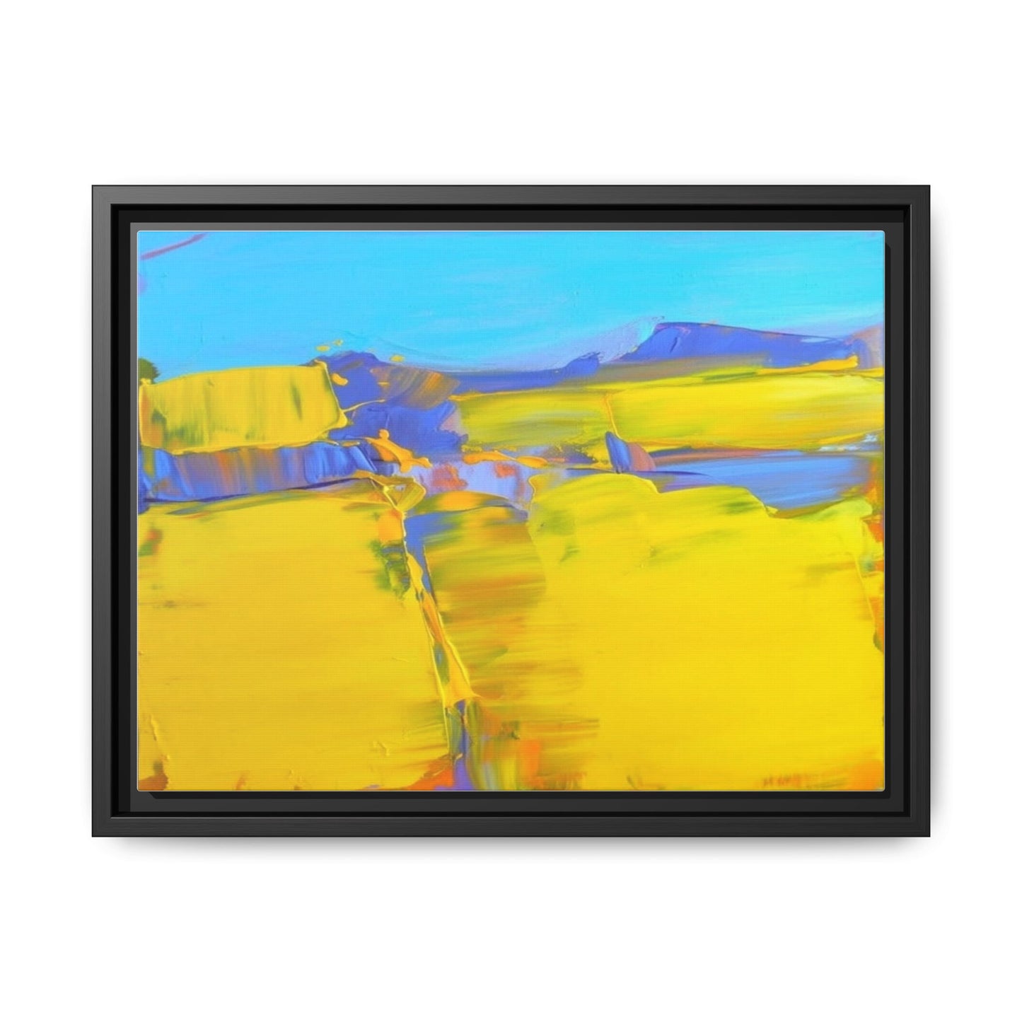 Framed Matte Canvas  Vibrant Yellow Blue Abstract Landscape Art