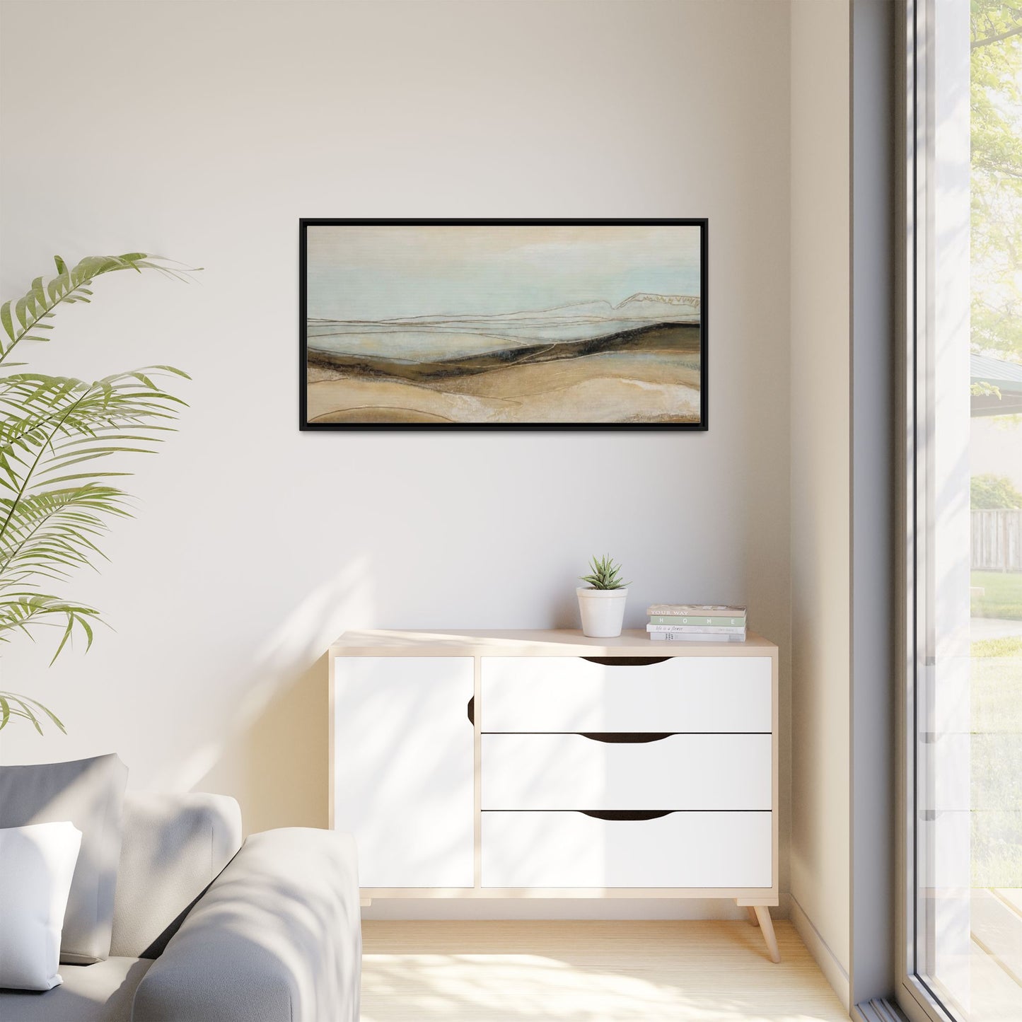 Framed Matte Canvas Wall Art — Neutral Abstract Landscape in Soft Blues & Earth Tones