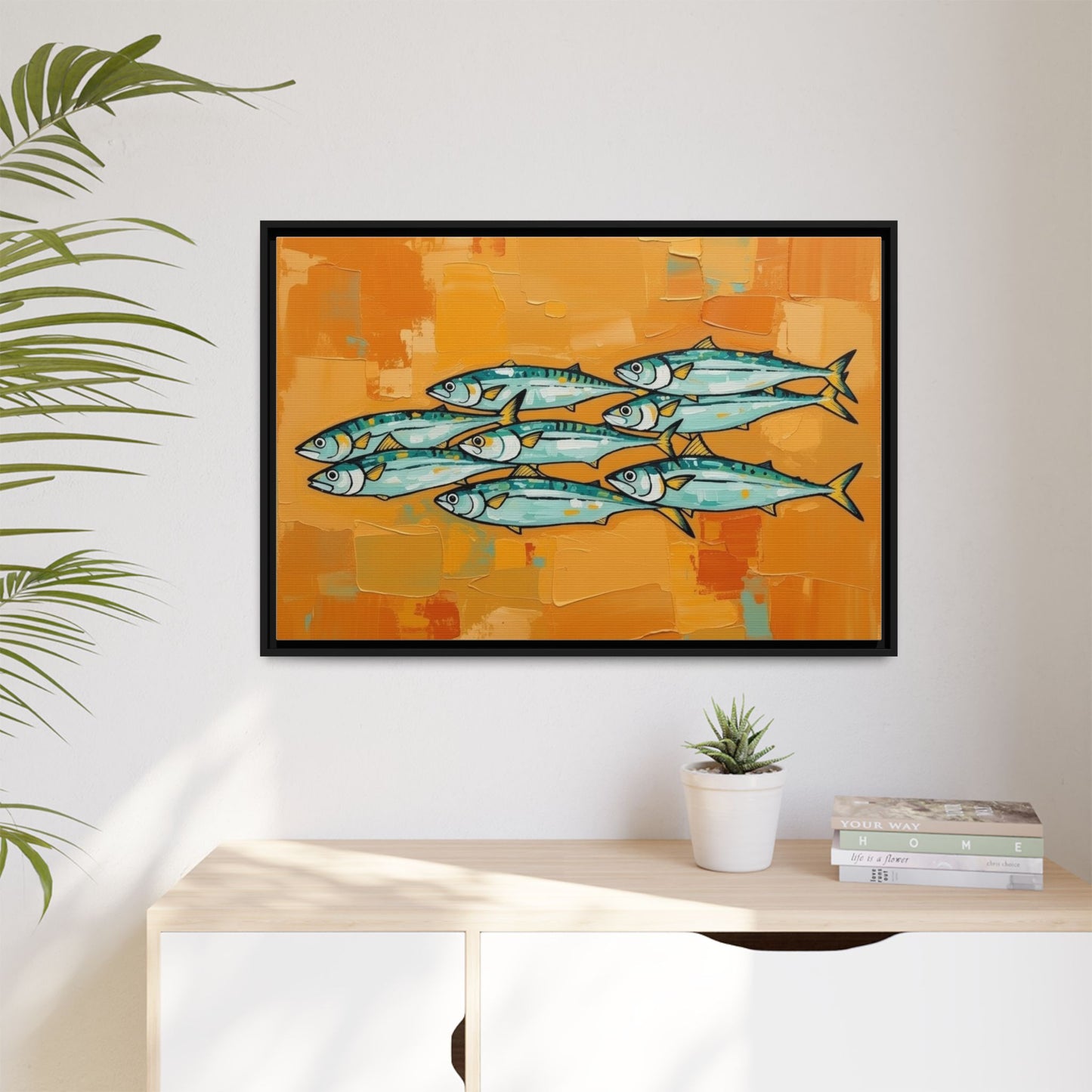 Framed Matte Canvas Print — School of Blue Fish on Orange Abstract Background