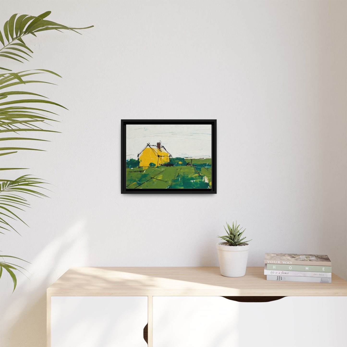 Yellow Cottage Landscape Framed Canvas Print