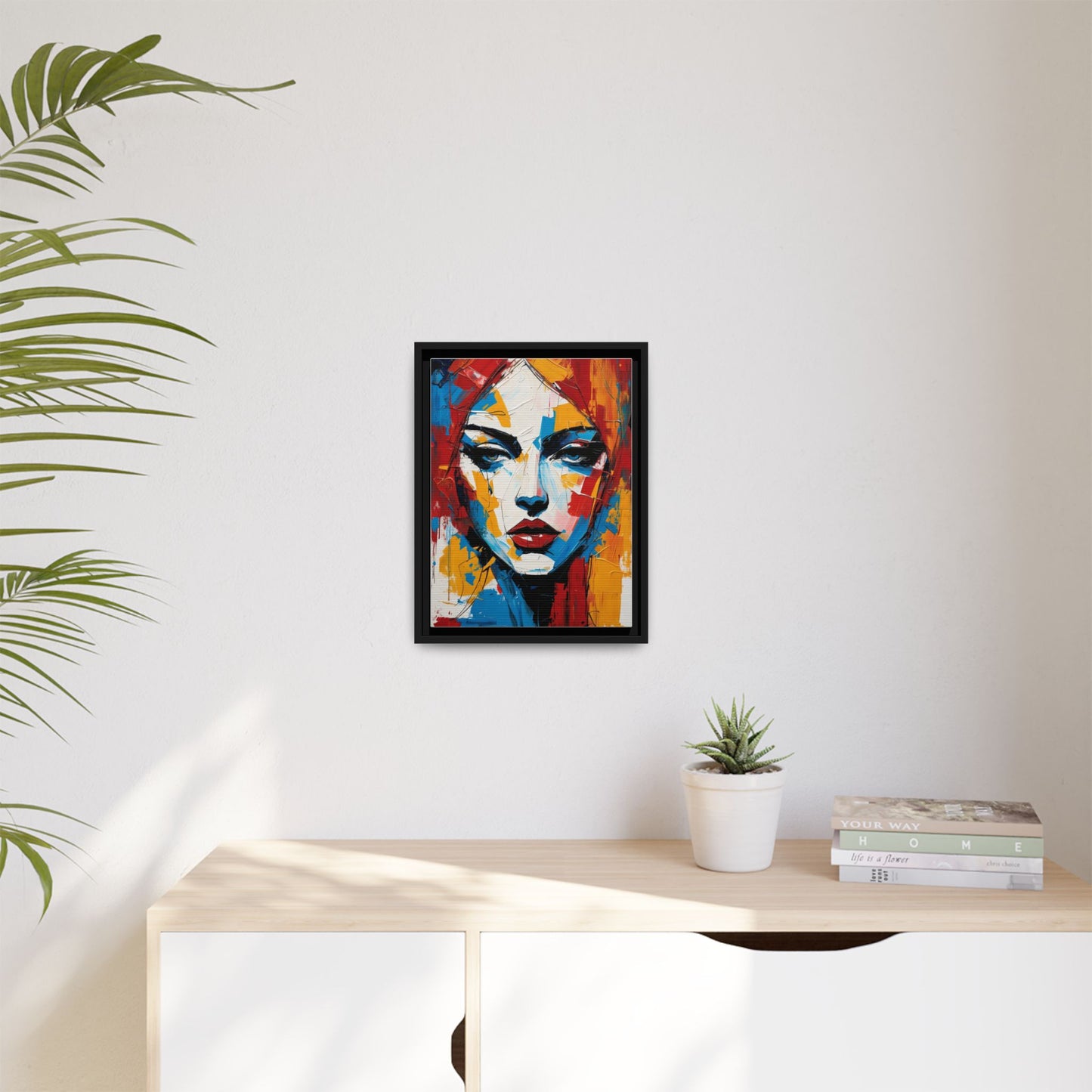 Framed Abstract Portrait Canvas — Colorful Female Face Wall Art