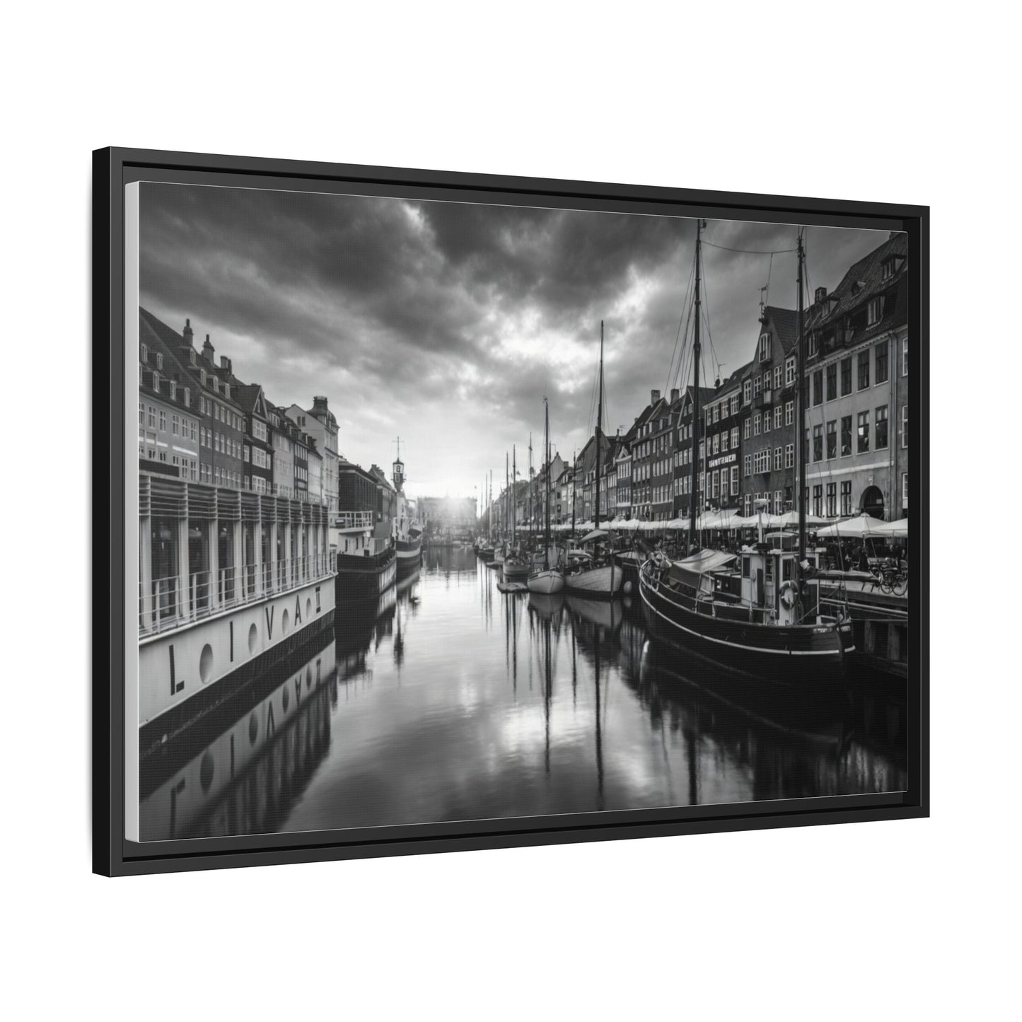 Framed Matte Canvas: Black & White Dutch Canal Photography Wall Art