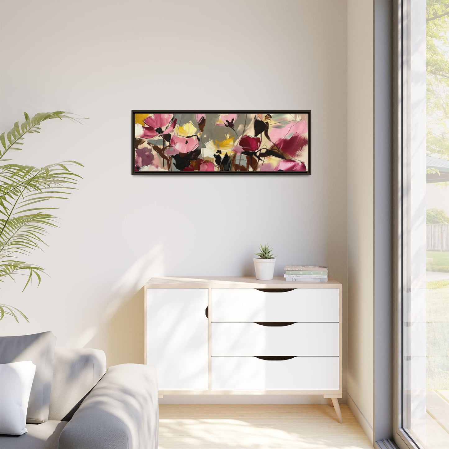 Framed Floral Canvas Wall Art — Abstract Pink & Yellow Flowers