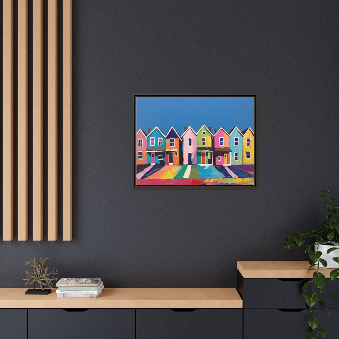 Colorful Beach Houses Matte Canvas Framed Wall Art