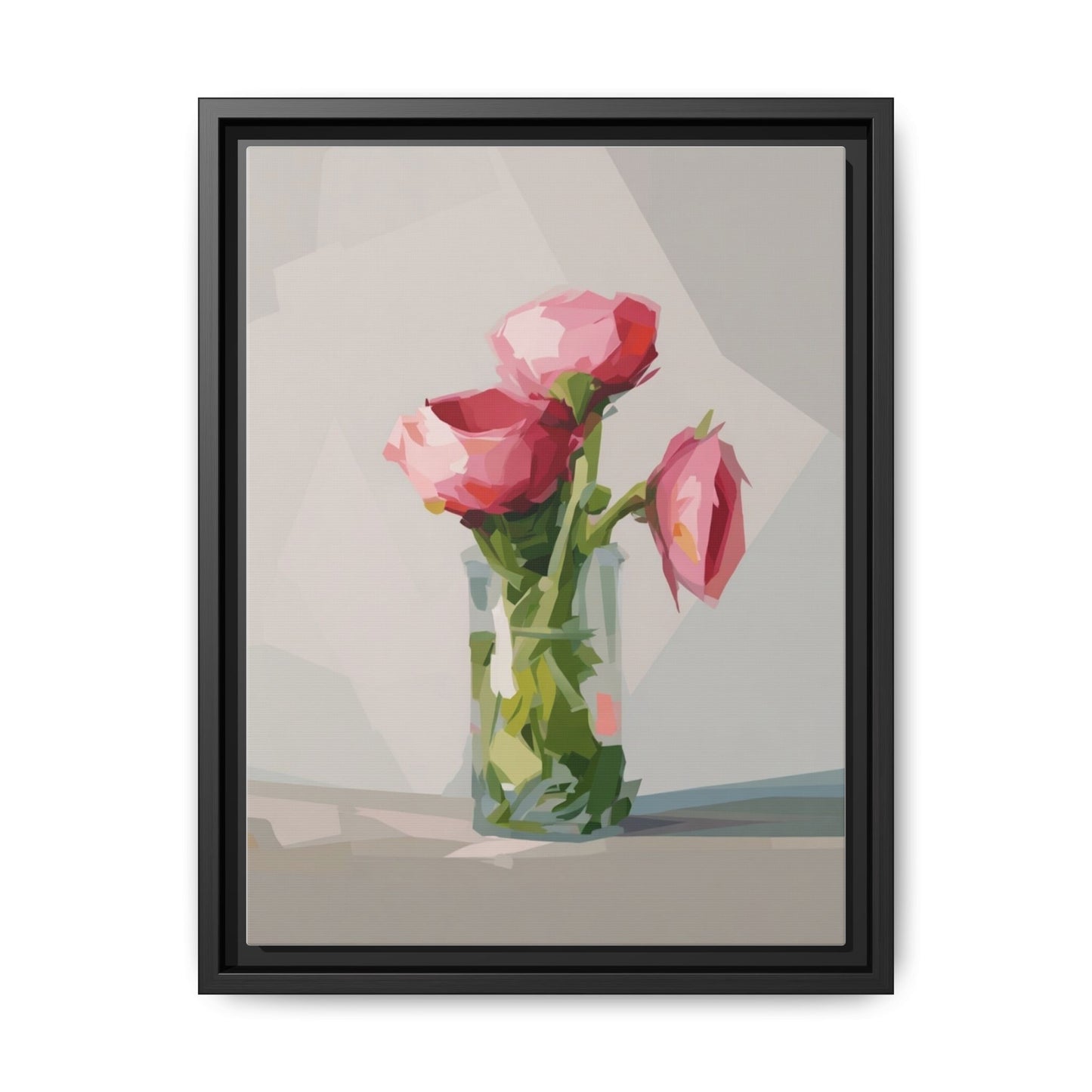 Framed Canvas Art — Pink Roses in Vase, Modern Floral Wall Print